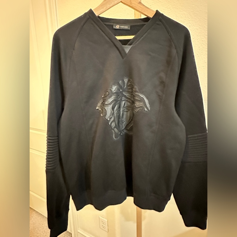Versace Black V-Neck Sweater for Men with Lambskin Leather Accents Sz L